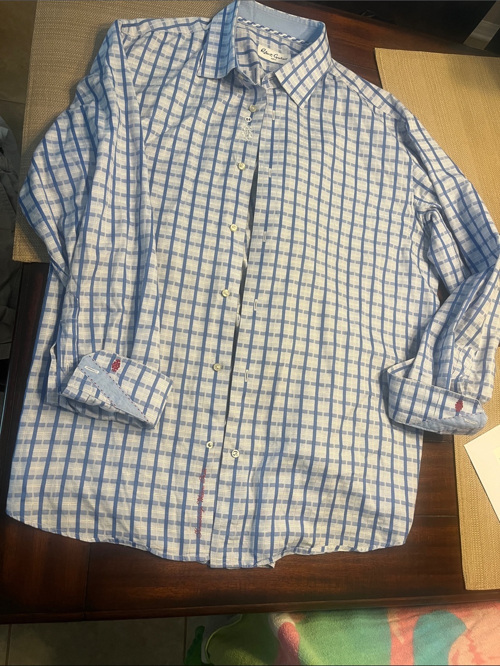 Lot 84 ..Robert Graham Blue and White Windowpane Button-Down Shirt 44 neck 17.5